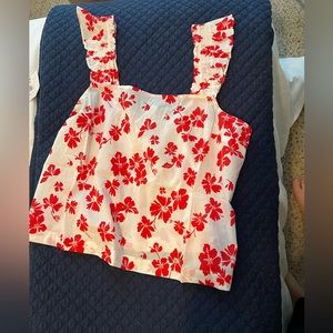 J. Crew Smocked ruffle-shoulder tank top / LARGE / WHITE BRIGHT CERISE